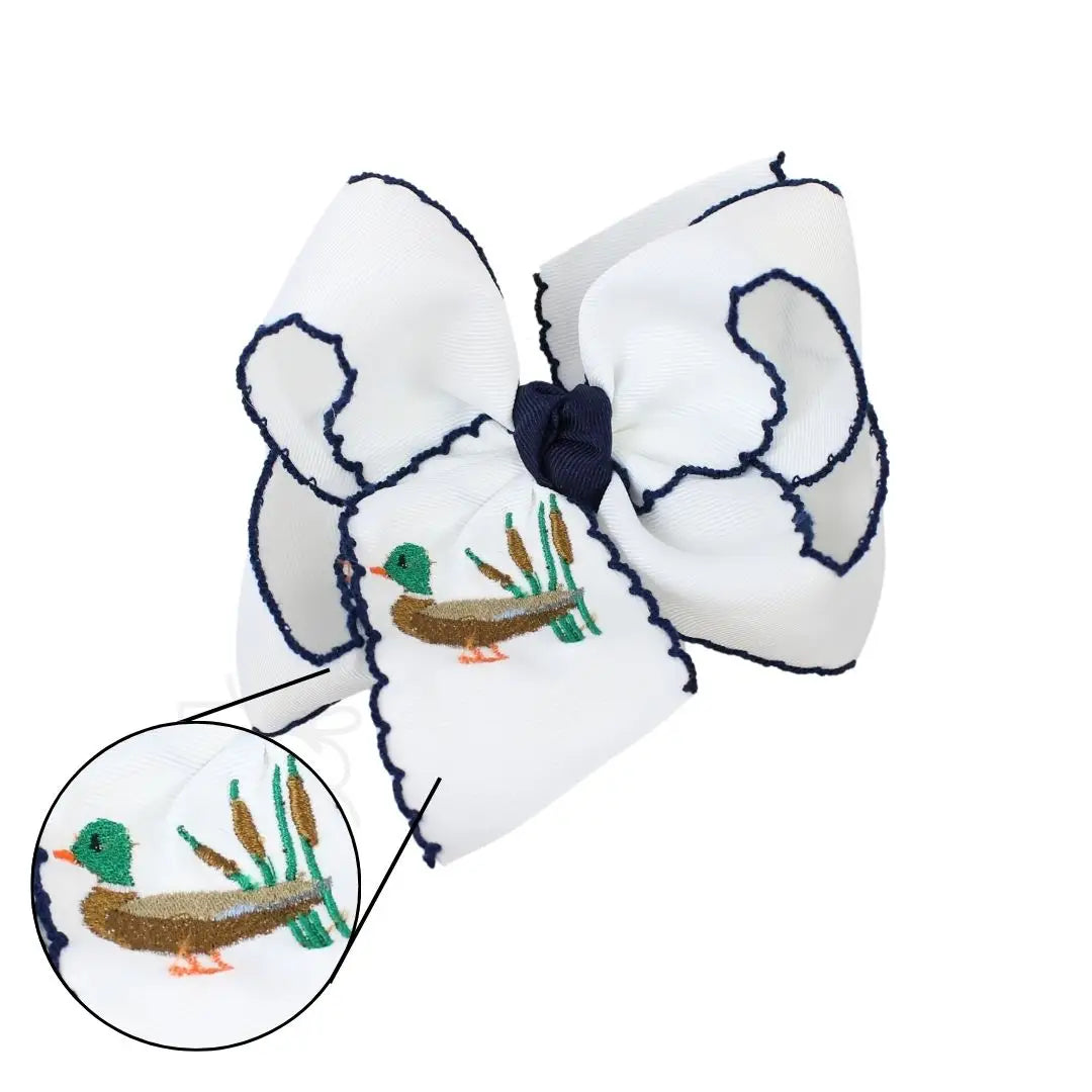 MALLARD DUCK EMBROIDERED WHITE BOW WITH NAVY TRIM
