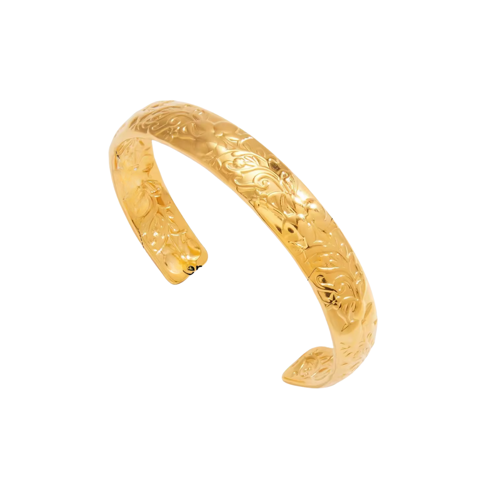 Gold Flora open cuff bracelet with embossed floral detailing
