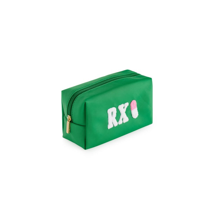 Green zip cosmetic pouch with embroidered RX lettering and pill detail | Walker Boutique
