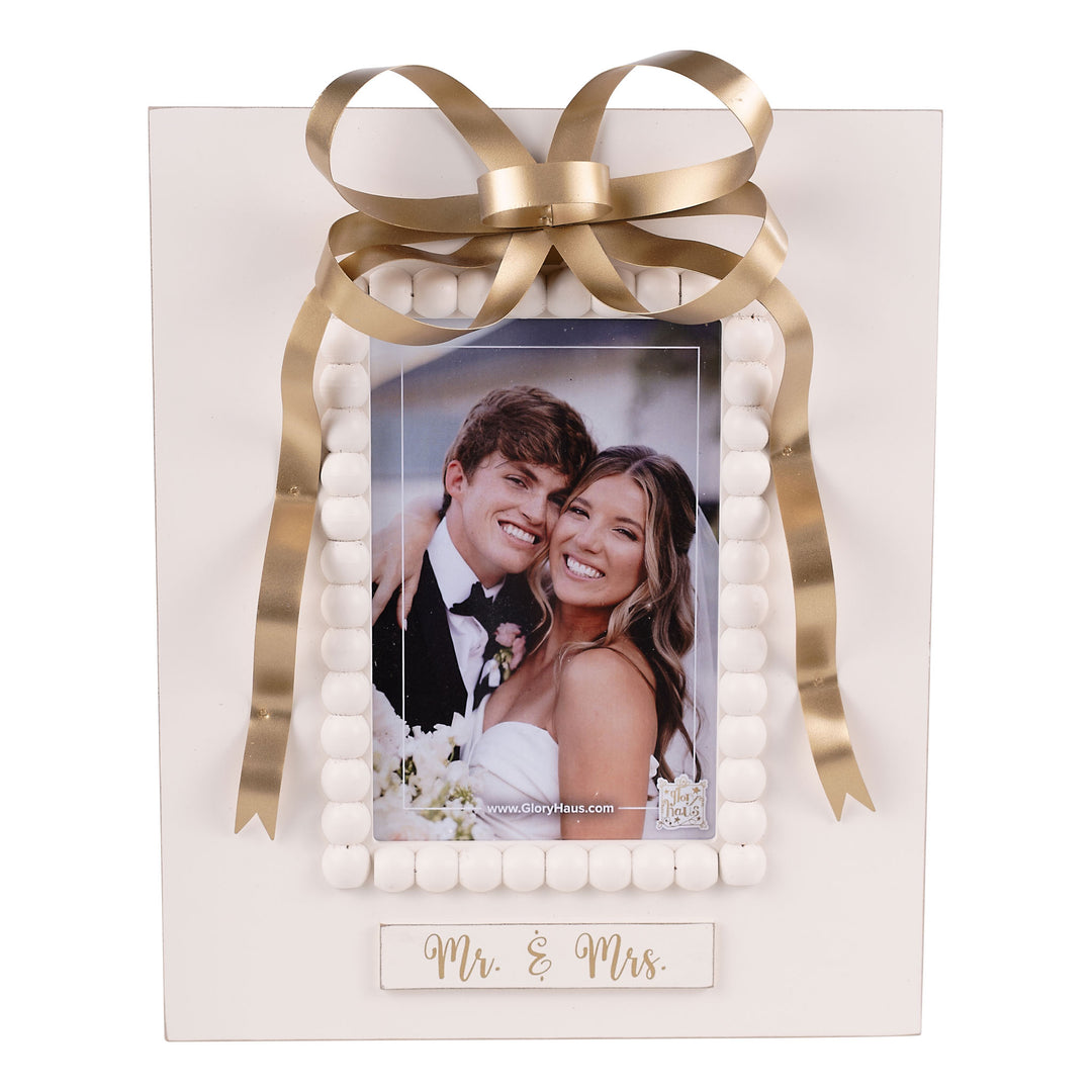 MR. AND MRS. GOLD BOW FRAME WOODEN ON WHITE BACKGROUND