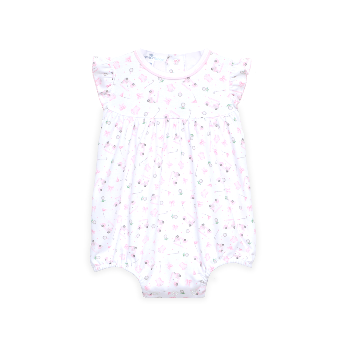 LITTLE GIRL BUBBLE WITH Allover “Little Golfer” print with soft pink accents