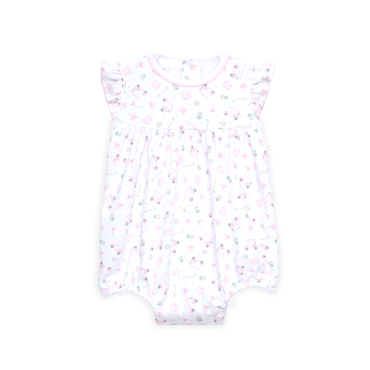 LITTLE GIRL BUBBLE WITH Allover “Little Golfer” print with soft pink accents