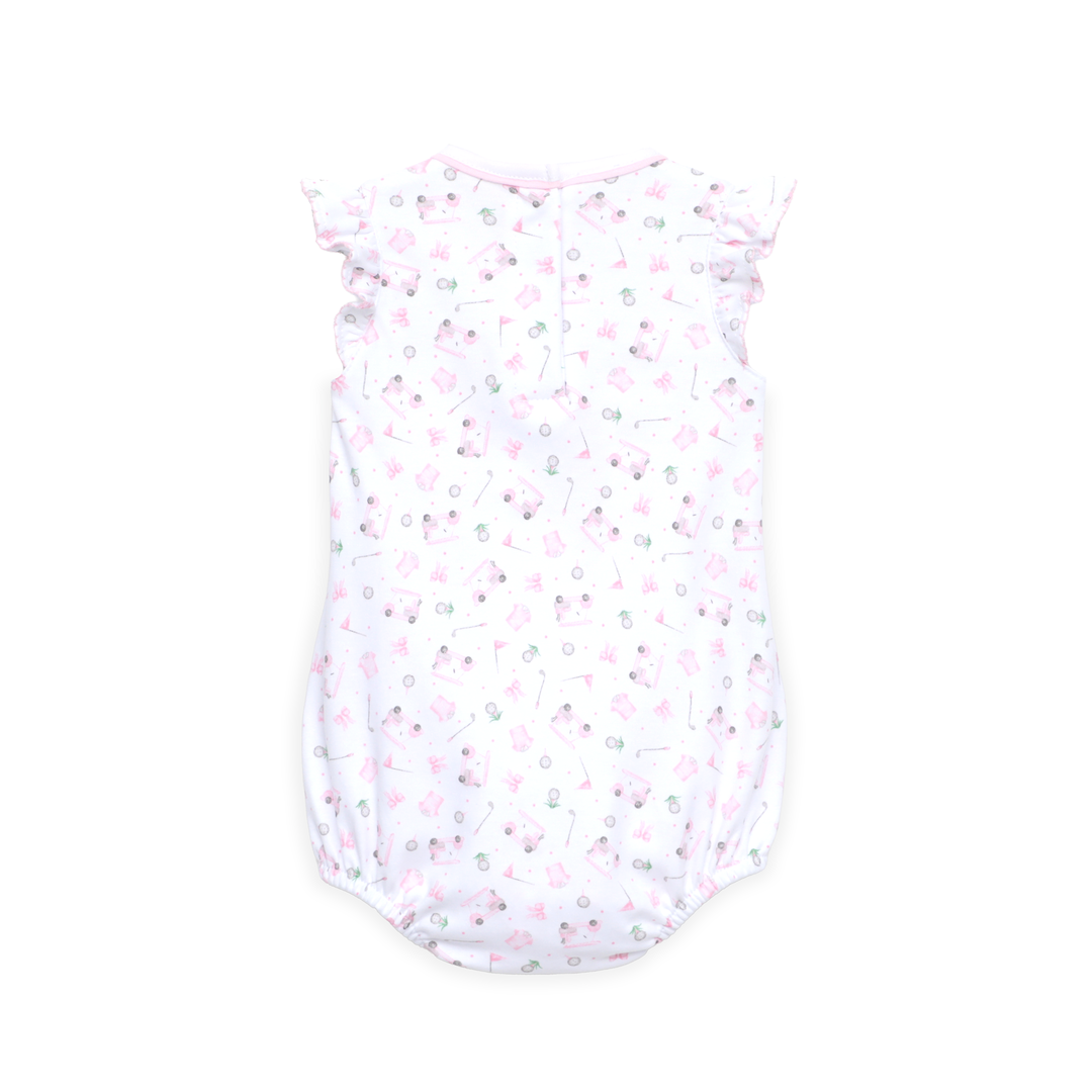 LITTLE GIRL BUBBLE WITH Allover “Little Golfer” print with soft pink accents