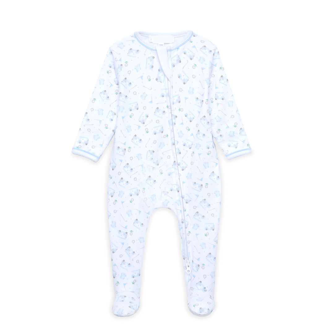 long sleeve footie pajamas with blue golf inspired design all over 