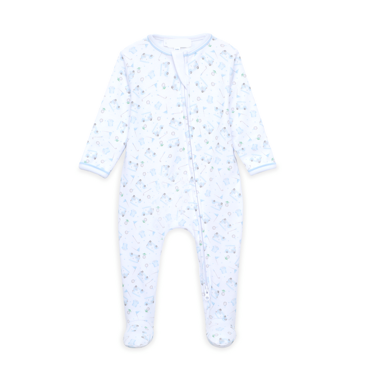 long sleeve footie pajamas with blue golf inspired design all over 