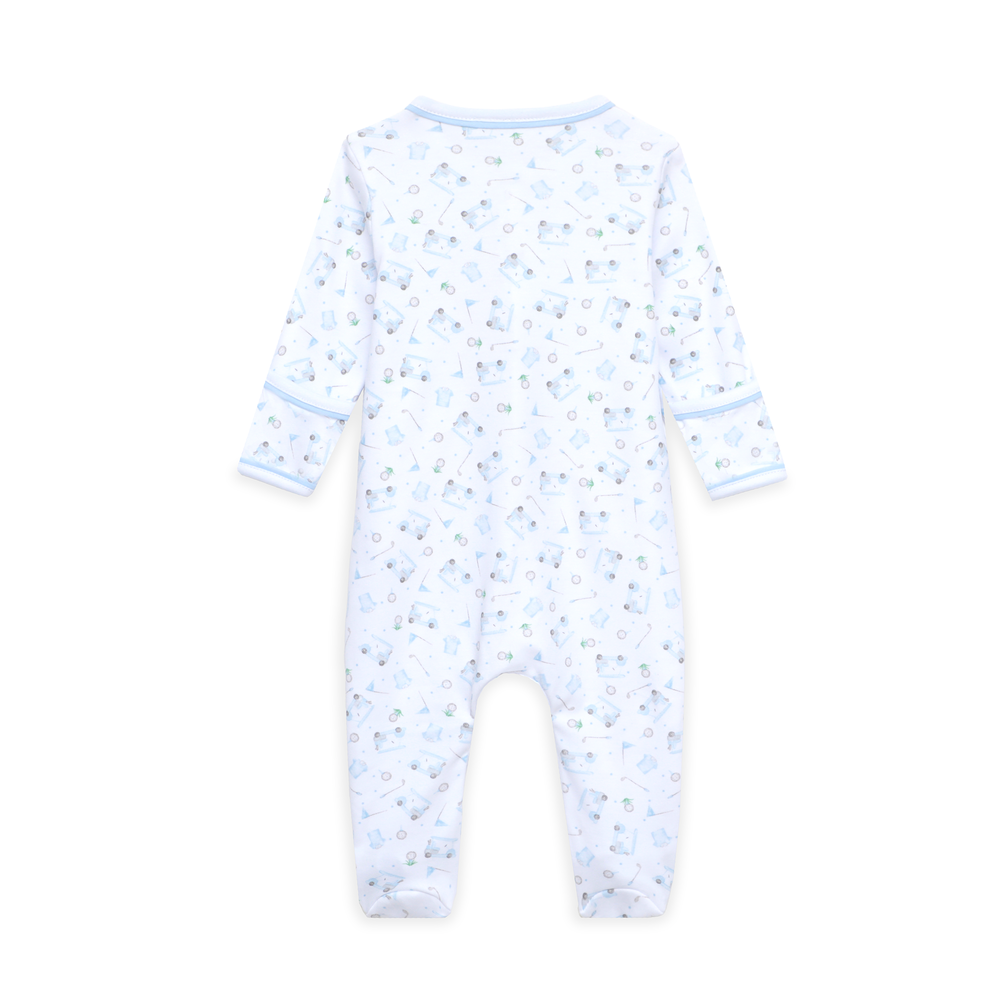 long sleeve footie pajamas with blue golf inspired design all over 