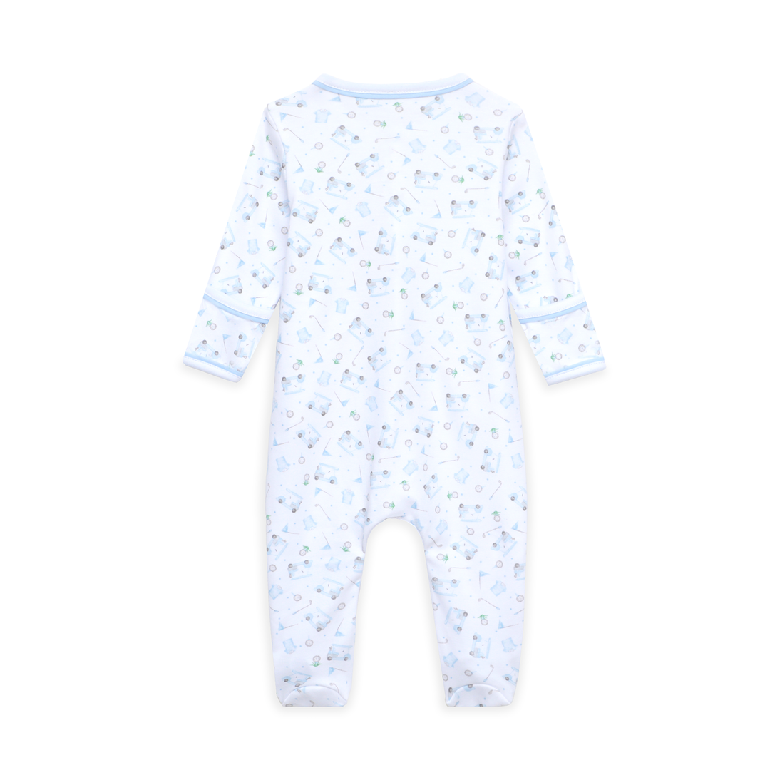 long sleeve footie pajamas with blue golf inspired design all over 
