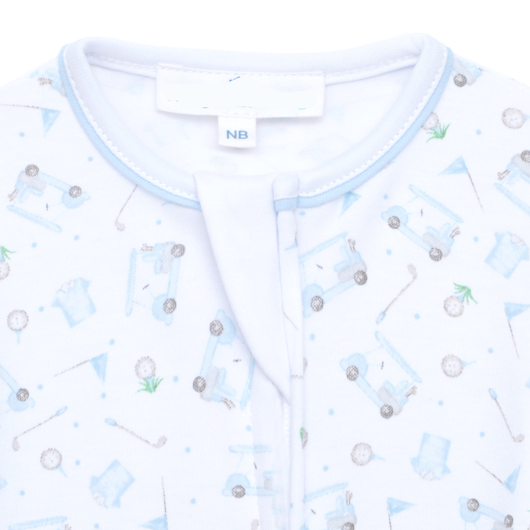 long sleeve footie pajamas with blue golf inspired design all over 