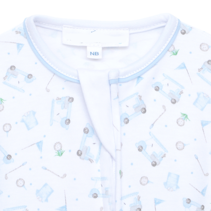 long sleeve footie pajamas with blue golf inspired design all over 