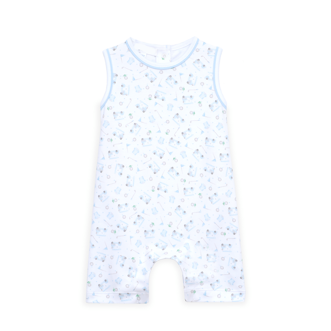 Allover “Little Golfer” print
Sleeveless design for warm weather
Short playsuit silhouette