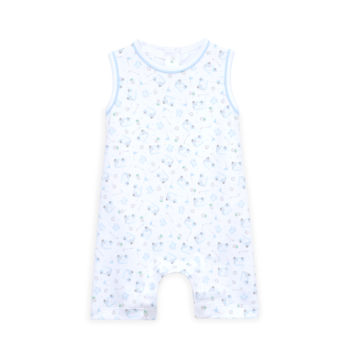 Allover “Little Golfer” print
Sleeveless design for warm weather
Short playsuit silhouette