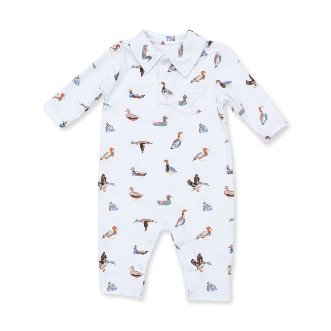 Angel Dear American Ducks Polo Romper front view of the baby romper highlighting the silhouette and american ducks polo design