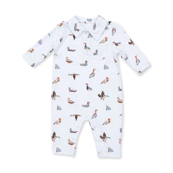 Angel Dear American Ducks Polo Romper front view of the baby romper highlighting the silhouette and american ducks polo design