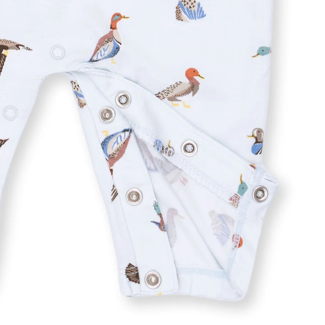Angel Dear American Ducks Polo Romper close-up of the baby romper highlighting the print, closures, and finishing details