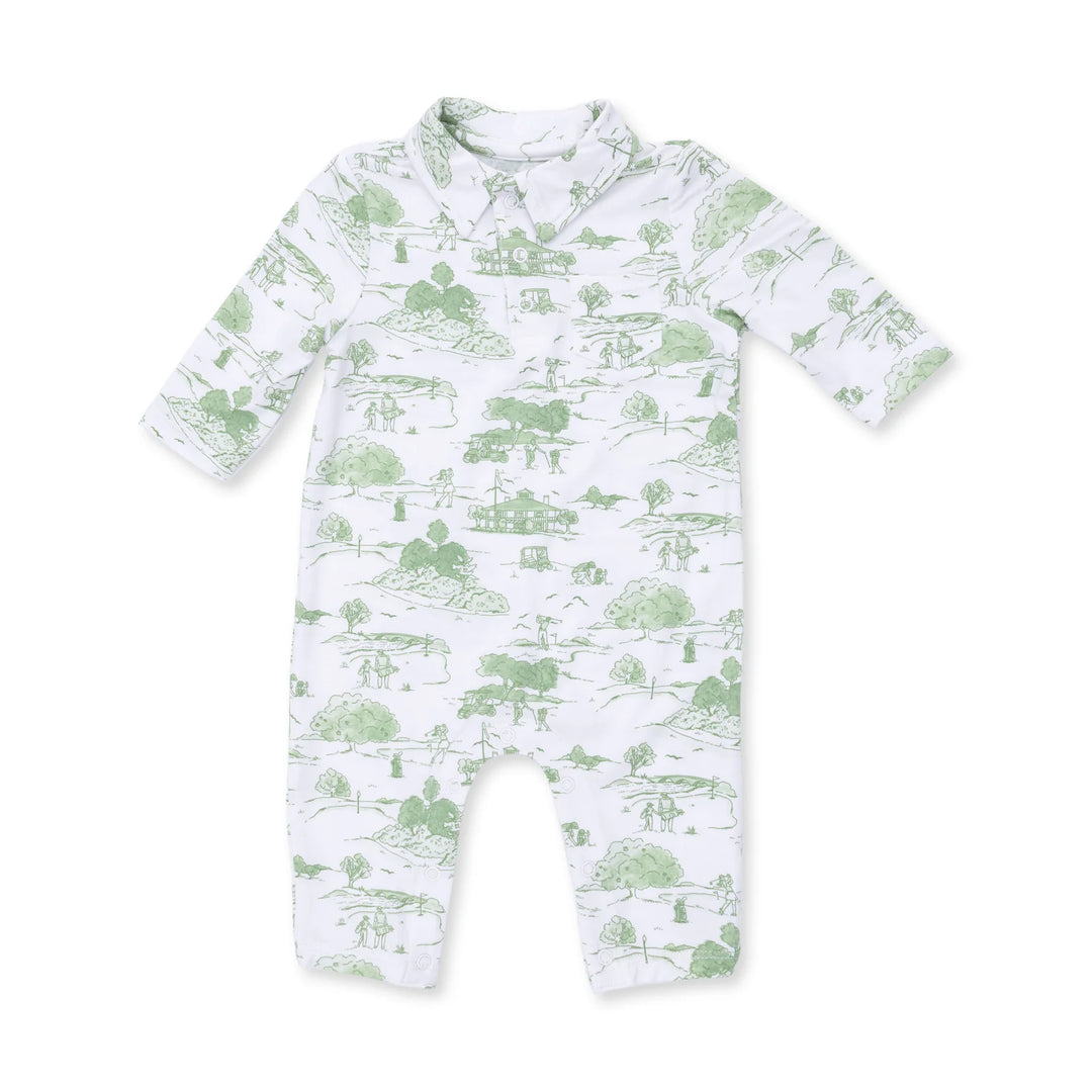 Angel Dear Golf Toile Green Polo Romper front view of the baby romper highlighting the silhouette and golf toile green polo design