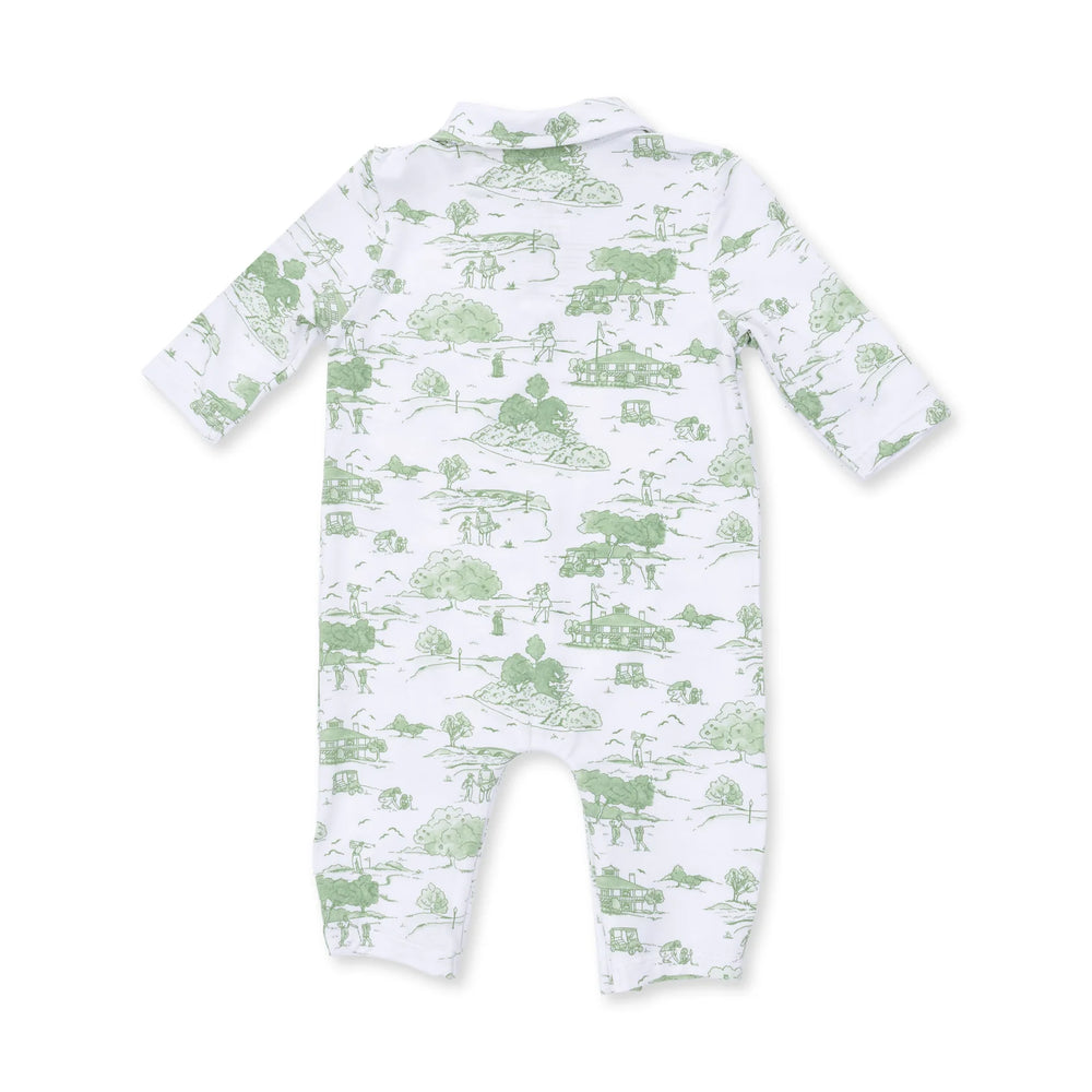 Angel Dear Golf Toile Green Polo Romper alternate view of the baby romper showing the golf toile green polo design and coordinating trim