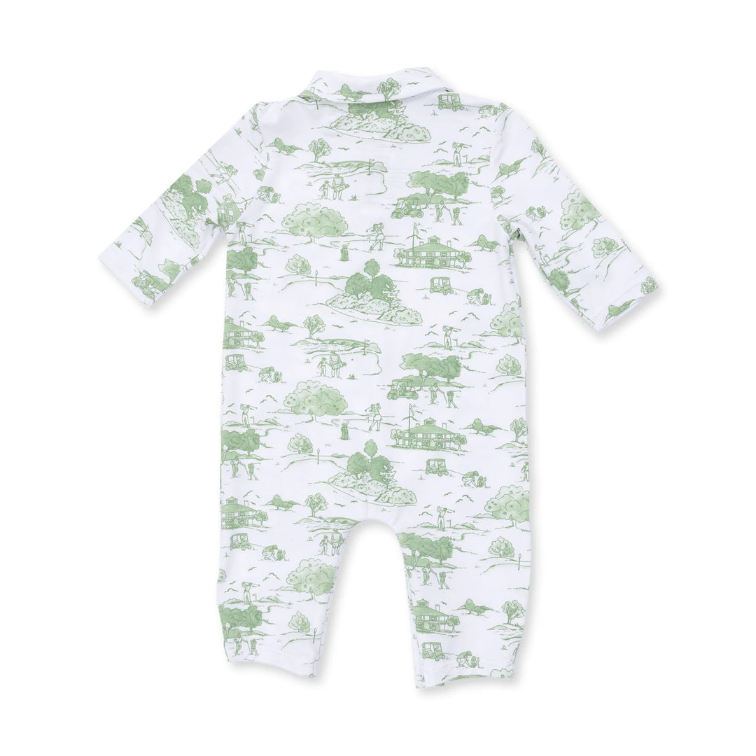 Angel Dear Golf Toile Green Polo Romper alternate view of the baby romper showing the golf toile green polo design and coordinating trim