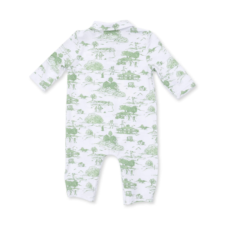 Angel Dear Golf Toile Green Polo Romper alternate view of the baby romper showing the golf toile green polo design and coordinating trim