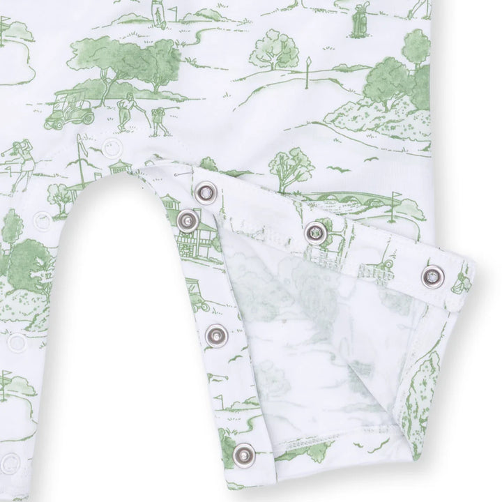 Angel Dear Golf Toile Green Polo Romper close-up of the baby romper highlighting the print, closures, and finishing details