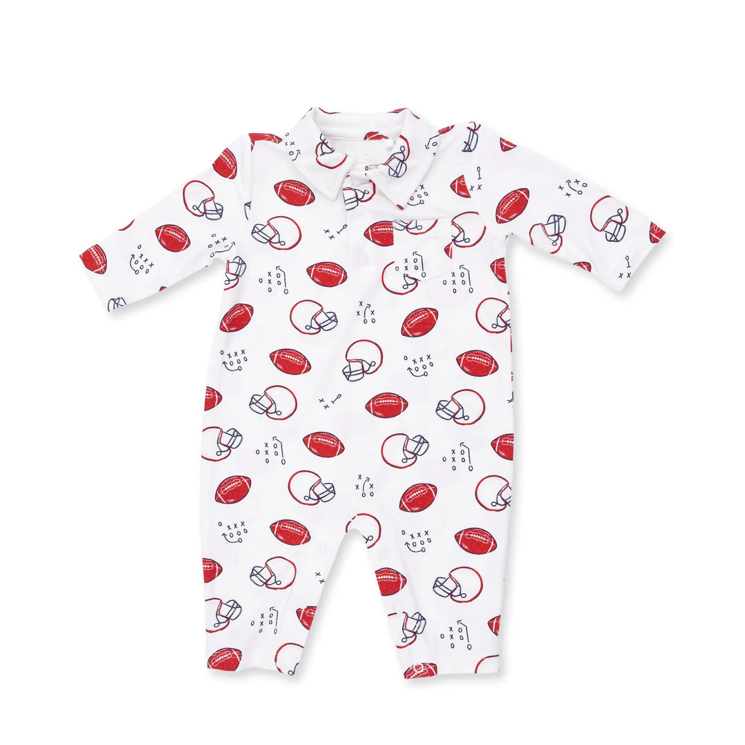 Angel Dear Touchdown Time Polo Romper front view of the baby romper highlighting the silhouette and touchdown time polo design