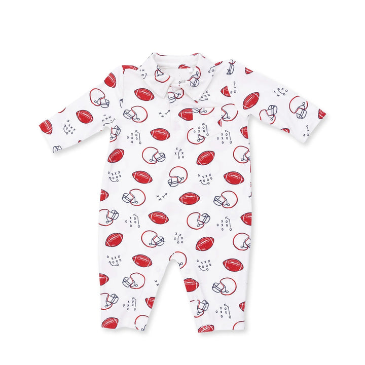Angel Dear Touchdown Time Polo Romper front view of the baby romper highlighting the silhouette and touchdown time polo design