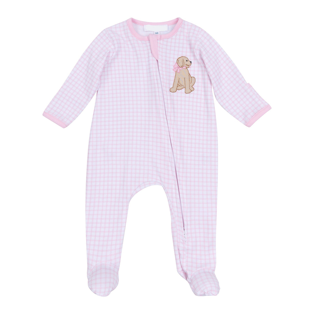 LIGHT PINK GINGHAM LONG SLEEVE FOOTIE WITH PUPPY APPLIQUE