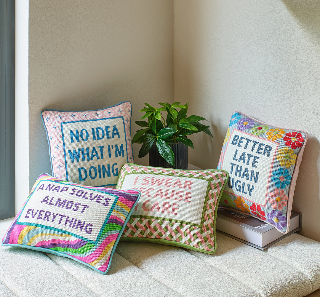 I SWEAR BECAUSE I CARE EMBROIDERED NEEDLEPOINT PILLOW