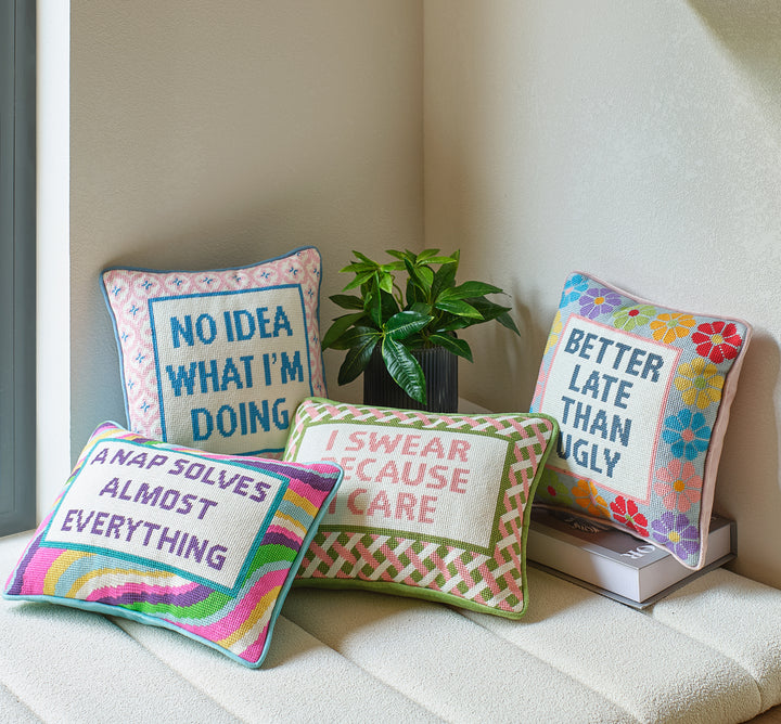 I SWEAR BECAUSE I CARE EMBROIDERED NEEDLEPOINT PILLOW