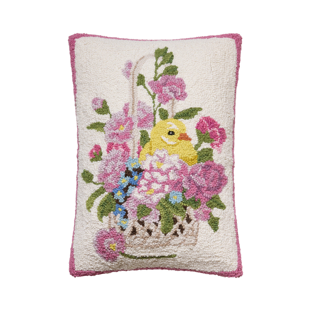 pink floral design hook pillow with yellow bird