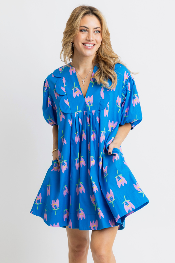 KARLIE: BLUE POPPY SCALLOP VNECK DRESS