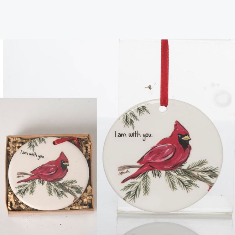 Cardinal ornament with 'I am with you' text on a white background