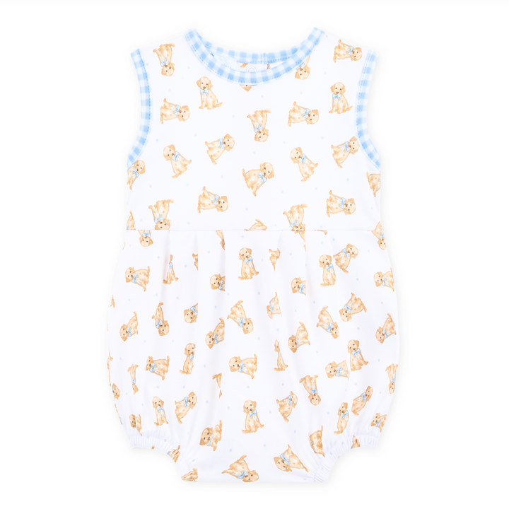 Boys bubble with light blue gingham trim and Allover golden puppy print on a white background