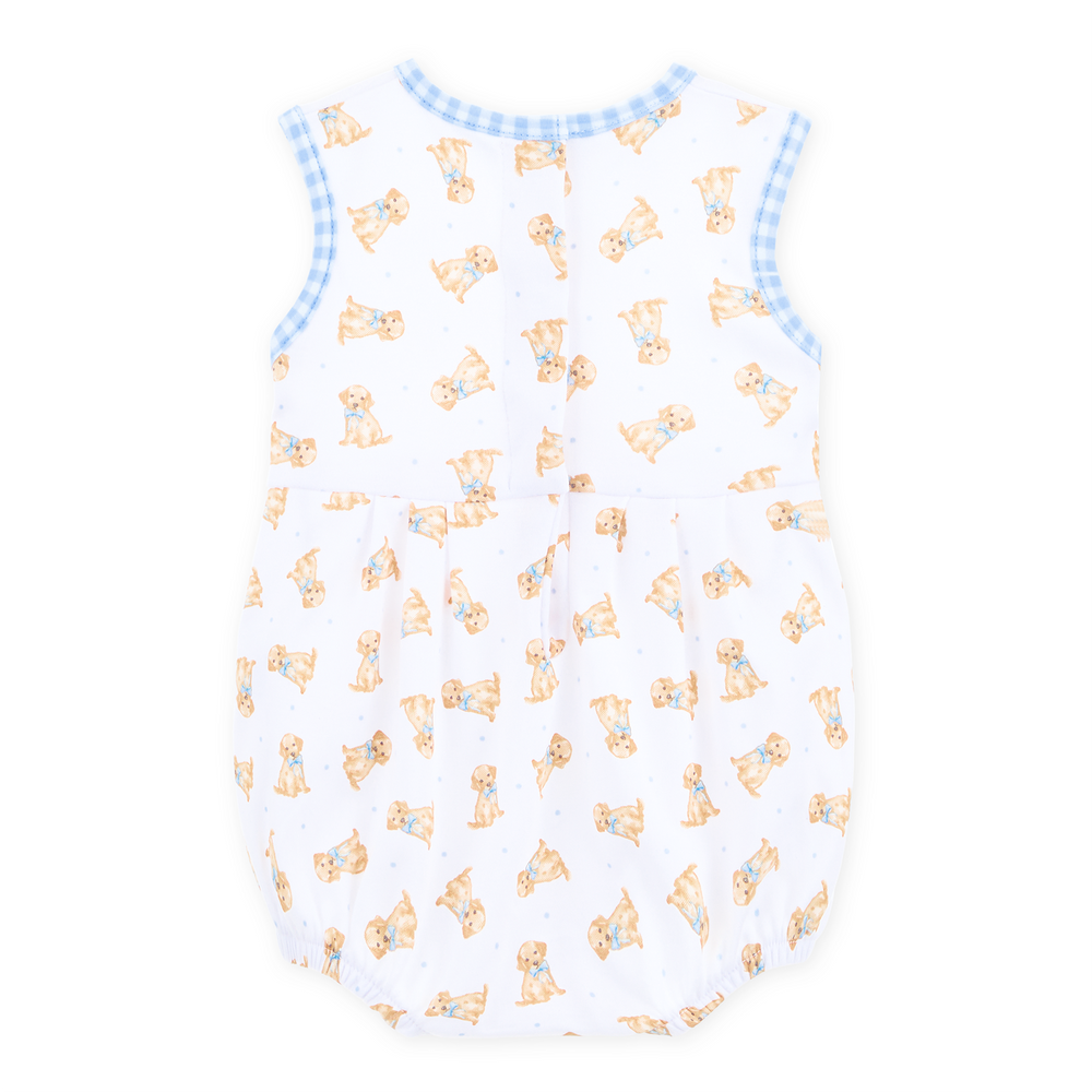 Boys bubble with light blue gingham trim and Allover golden puppy print on a white background