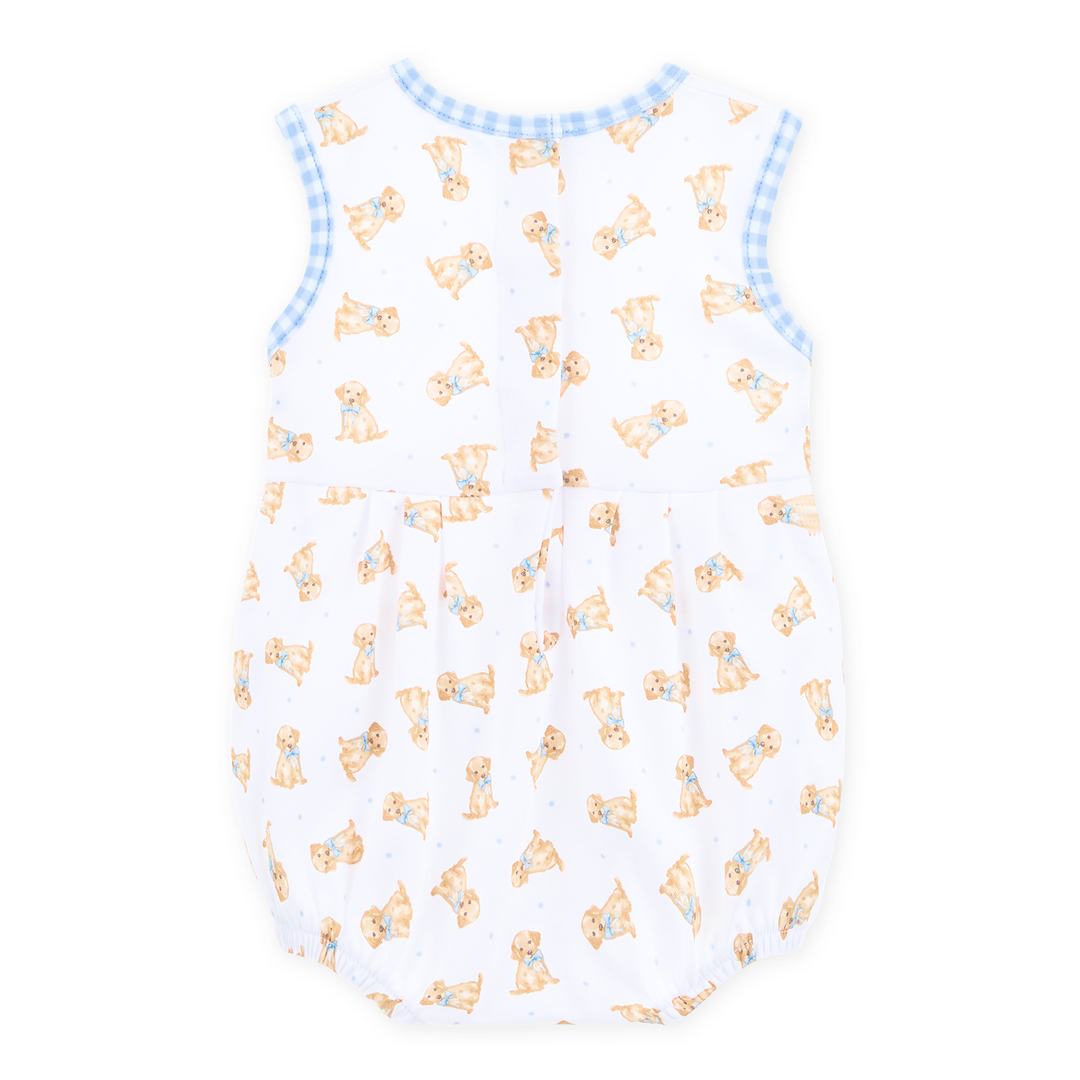 Boys bubble with light blue gingham trim and Allover golden puppy print on a white background