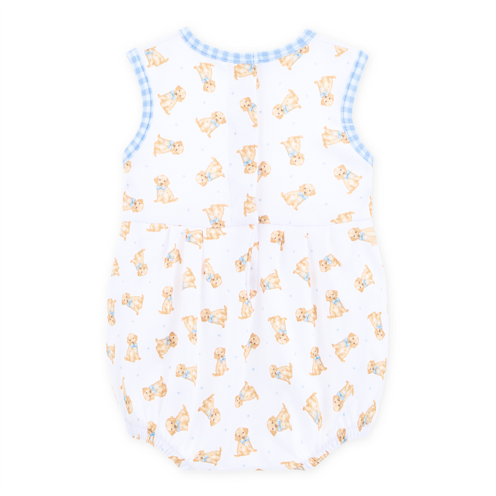 Boys bubble with light blue gingham trim and Allover golden puppy print on a white background