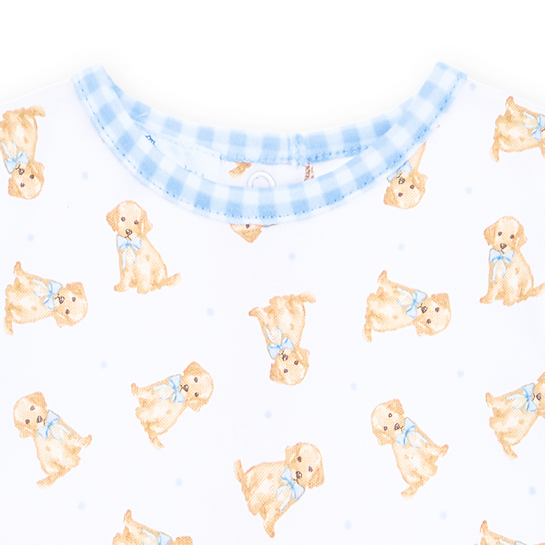 Boys bubble with light blue gingham trim and Allover golden puppy print on a white background