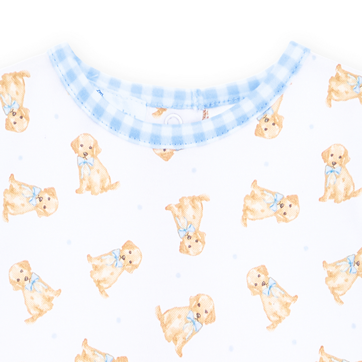 Boys bubble with light blue gingham trim and Allover golden puppy print on a white background