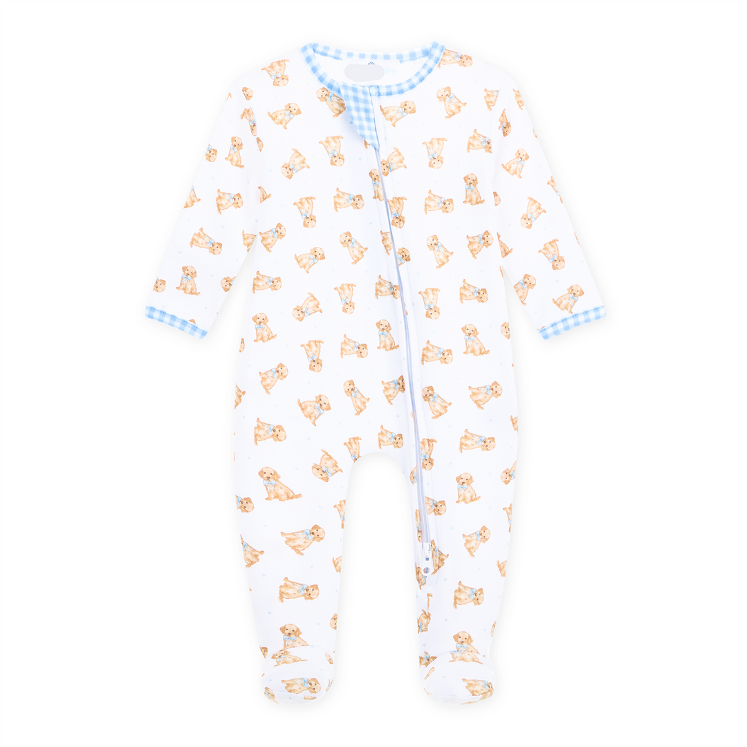 Allover golden puppy print on a white background with classic blue gingham trim footie with long sleeves
