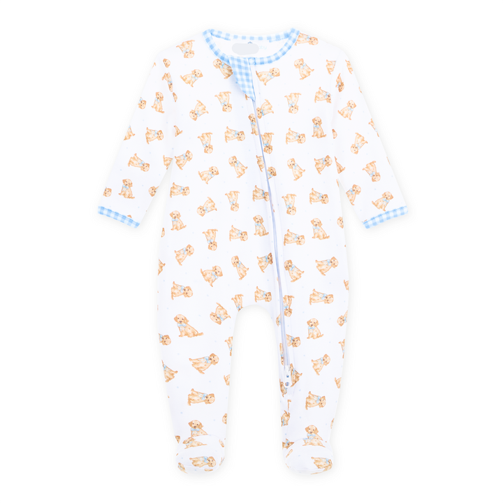 Allover golden puppy print on a white background with classic blue gingham trim footie with long sleeves