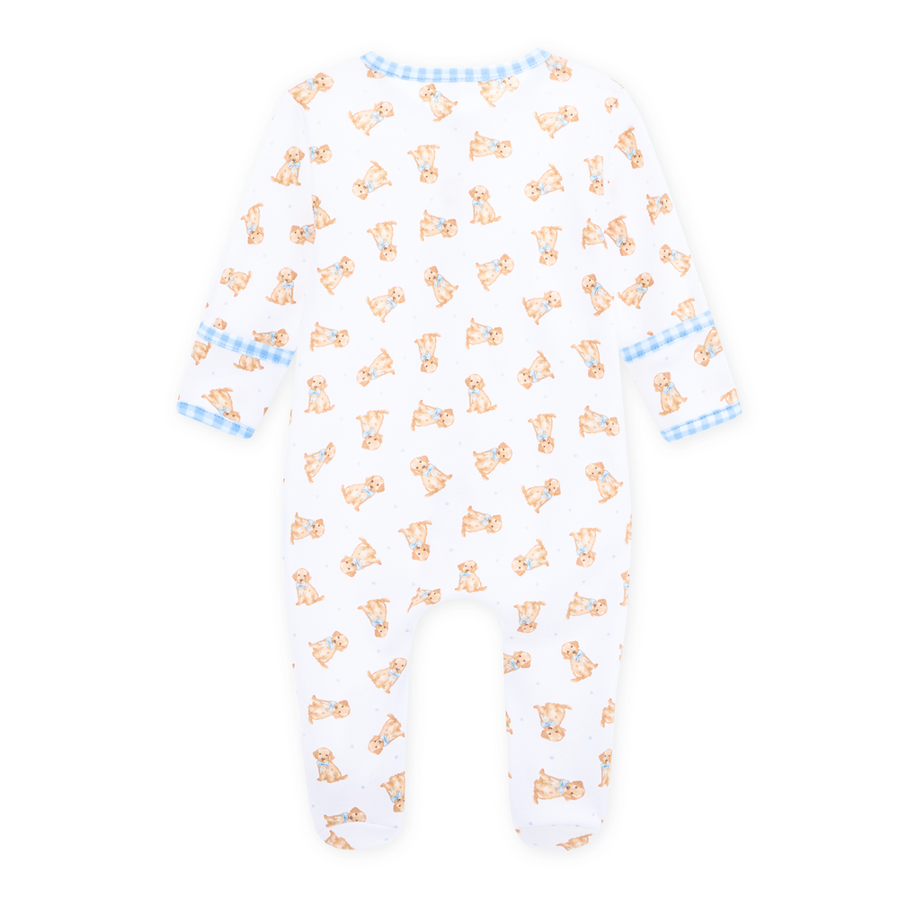 Allover golden puppy print on a white background with classic blue gingham trim footie with long sleeves