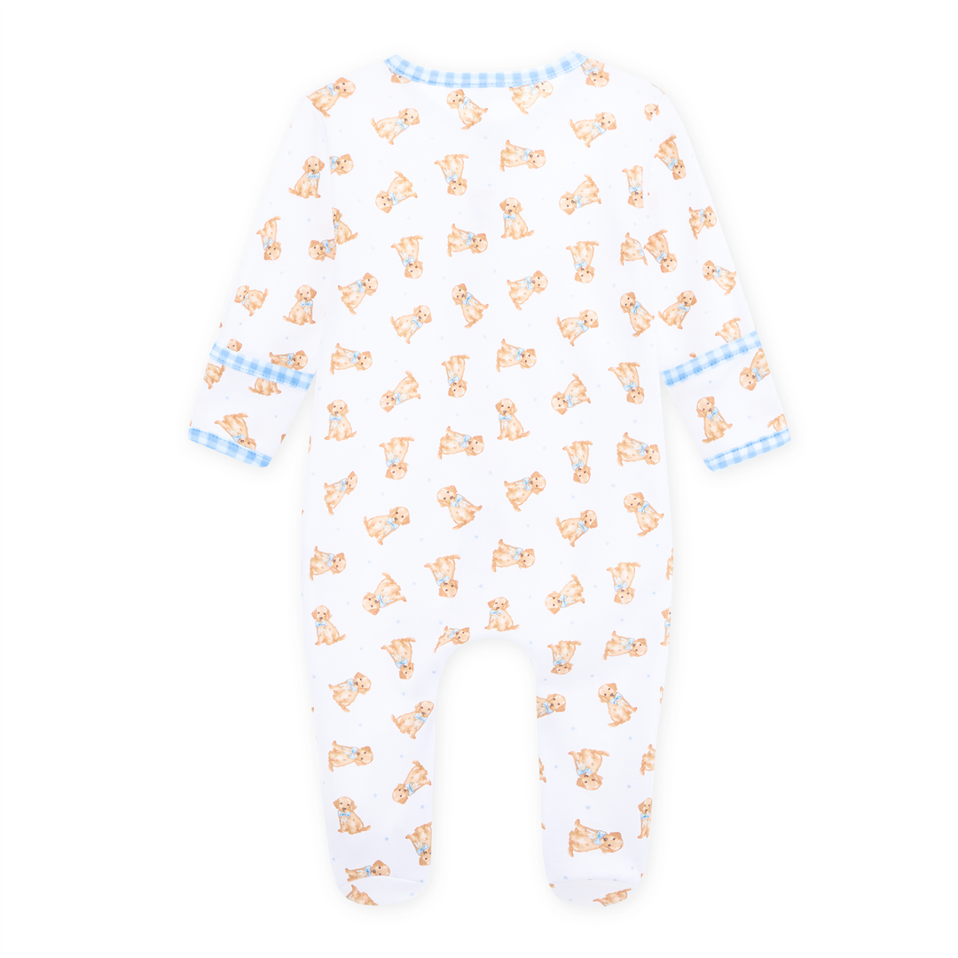 Allover golden puppy print on a white background with classic blue gingham trim footie with long sleeves