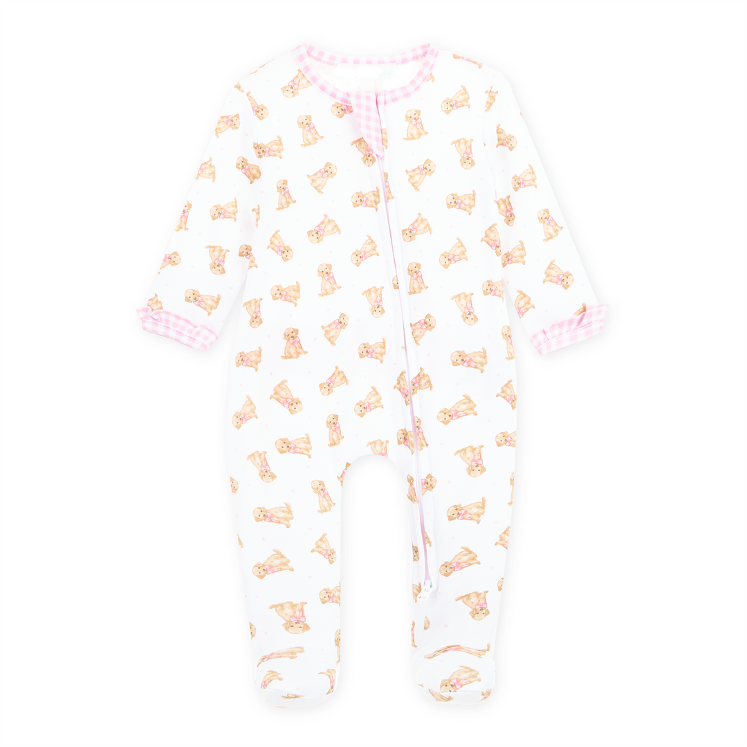 Allover golden puppy print on a white background footie with light pink gingham trim and long sleeves