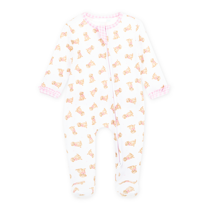 Allover golden puppy print on a white background footie with light pink gingham trim and long sleeves