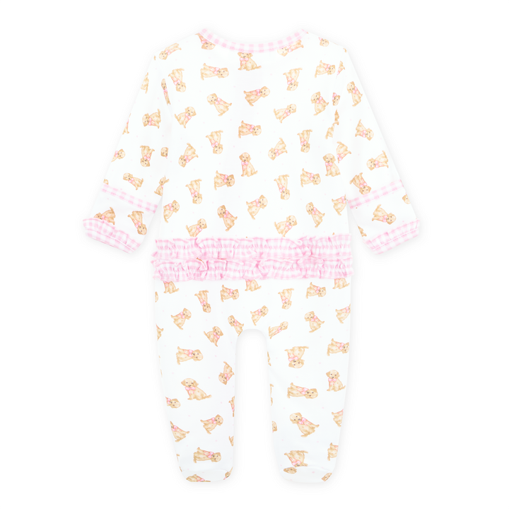 Allover golden puppy print on a white background footie with light pink gingham trim and long sleeves