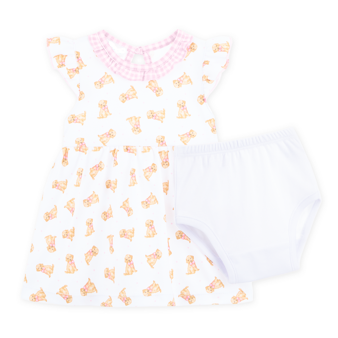 Allover golden puppy print on a white background
Flutter sleeves with soft pink gingham trim