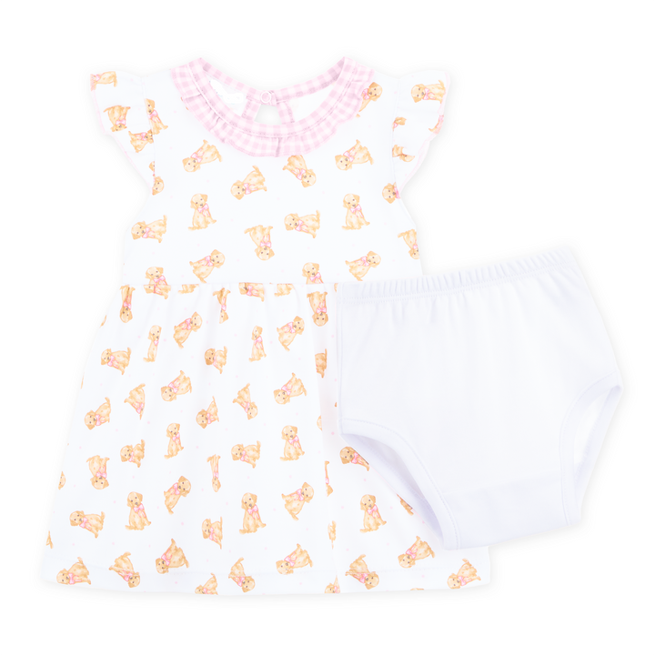 Allover golden puppy print on a white background
Flutter sleeves with soft pink gingham trim