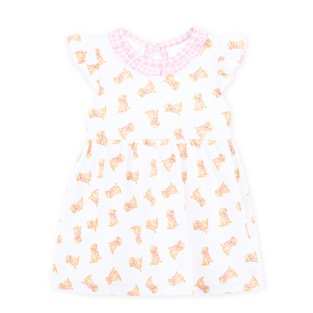 Allover golden puppy print on a white background
Flutter sleeves with soft pink gingham trim