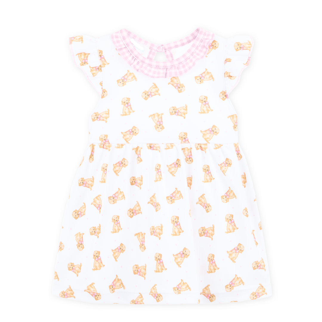 Allover golden puppy print on a white background
Flutter sleeves with soft pink gingham trim