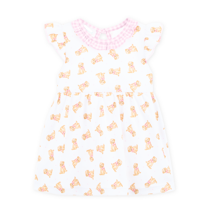 Allover golden puppy print on a white background
Flutter sleeves with soft pink gingham trim