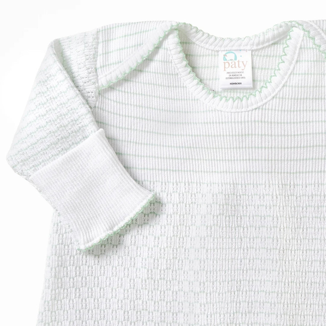 PATY KNIT MINT PINSTRIPE OVERLAP SHOULDER GOWN WITH BOW